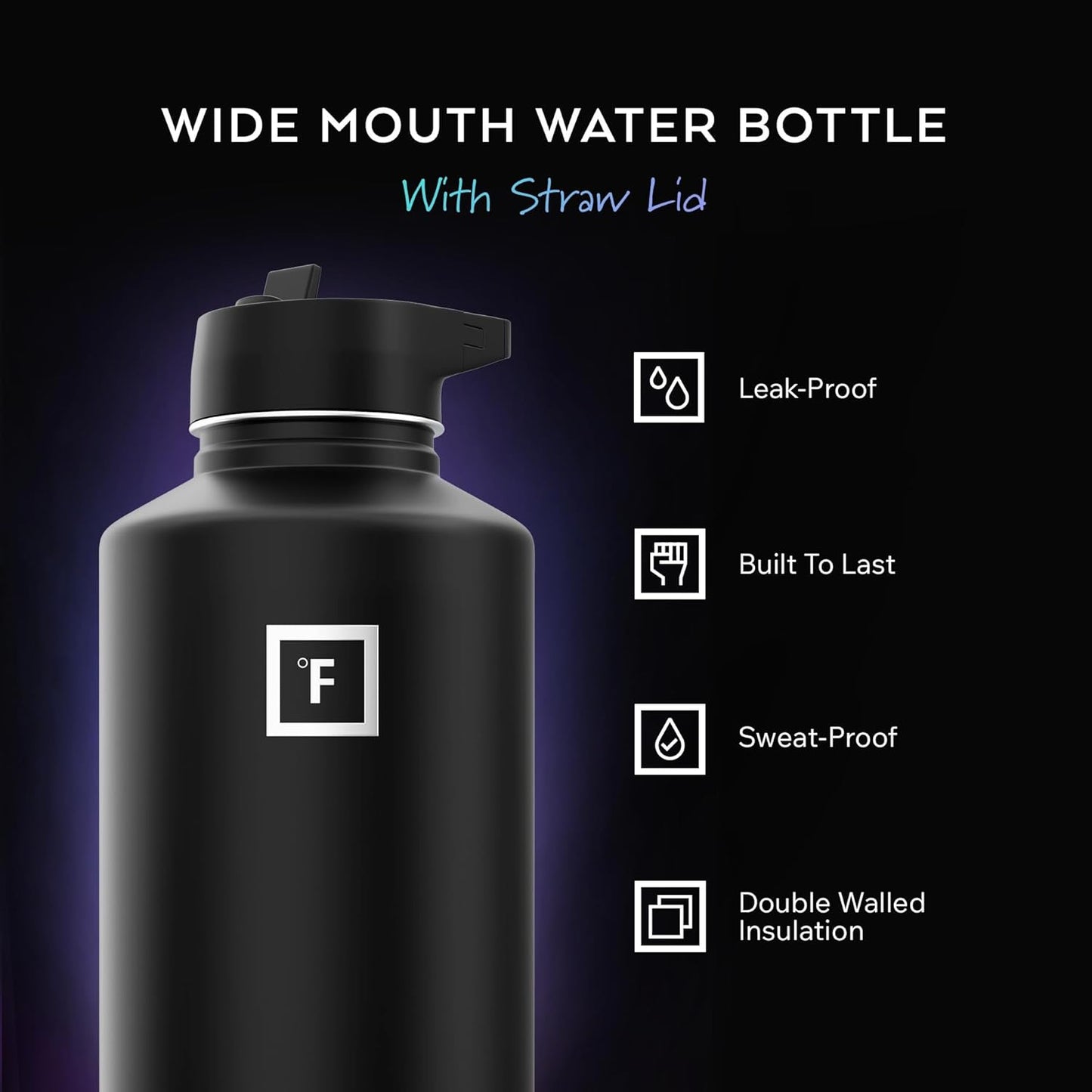 IRON °FLASK Camping & Hiking Hydration Flask with Straw, Wide Mouth Insulated Stainless Steel Sports Water Bottle - 40 oz Midnight Black
