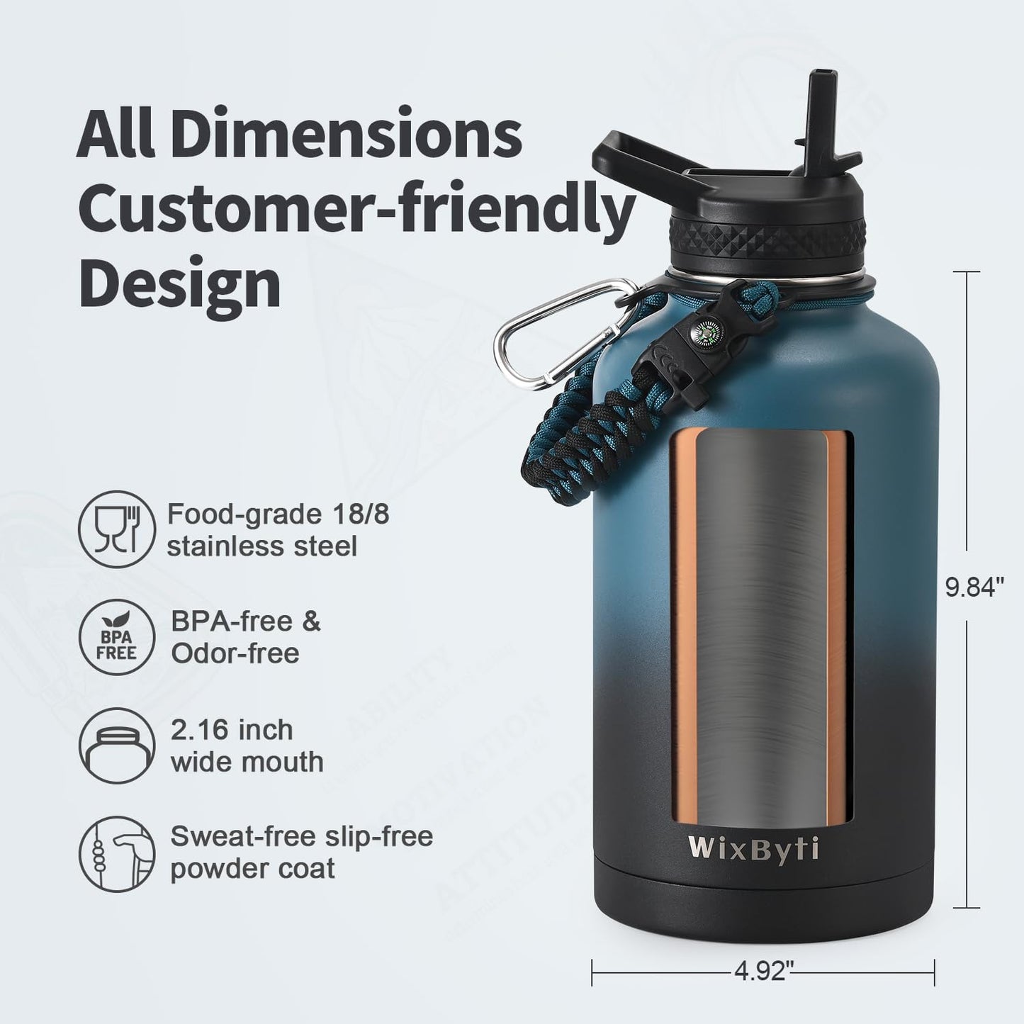 WixByti 40 oz Insulated Water Bottle with Straw (Cold for 36 Hrs), Stainless Steel Triple Wall Vacuum Sports Water Jug, Leakproof Hydro Cup Flask with Paracord Handle & Straw Spout Lids & DIY Stickers