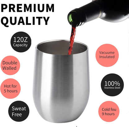 12oz/4 Pack Wine Tumbler Glasses with Lid Stemless Double Wall Vacuum Stainless Steel Travel Tumbler Keeping Cold & Hot for Wine,Coffee,Cocktails,Drinks-Family and Gifts (Multi color-dark)