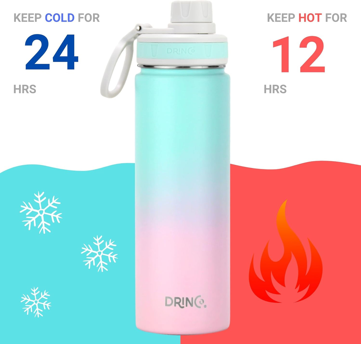 Drinco Stainless Steel Water Bottle Spout Lid Vacuum Insulated Double Wall Water Bottle Wide Mouth (40oz 32oz 22oz 18oz 14oz) Leak Proof Keep Cold Sport Camping Hiking (22 oz, 22oz Black)