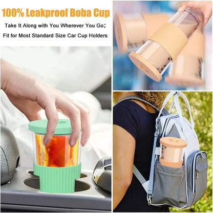 2 Pack Reusable Boba Tea Cups, 24oz Iced Coffee Cup with Straw and Lid, Leakproof Clear Plastic Cups Tumbler, Double Wall Insulated Smoothie Tumbler, Wide Straw for Bubble Tea, Black and White