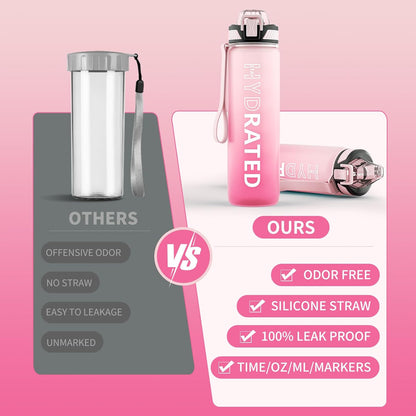QLUR Water Bottle with Straw, 32oz Motivational Water Bottles with Time Marker to Drink, Tritan BPA Free, 1L Sports Water Bottle with Carry Strap LeakProof for Women Gym Fitness Outdoor (1 Pack)