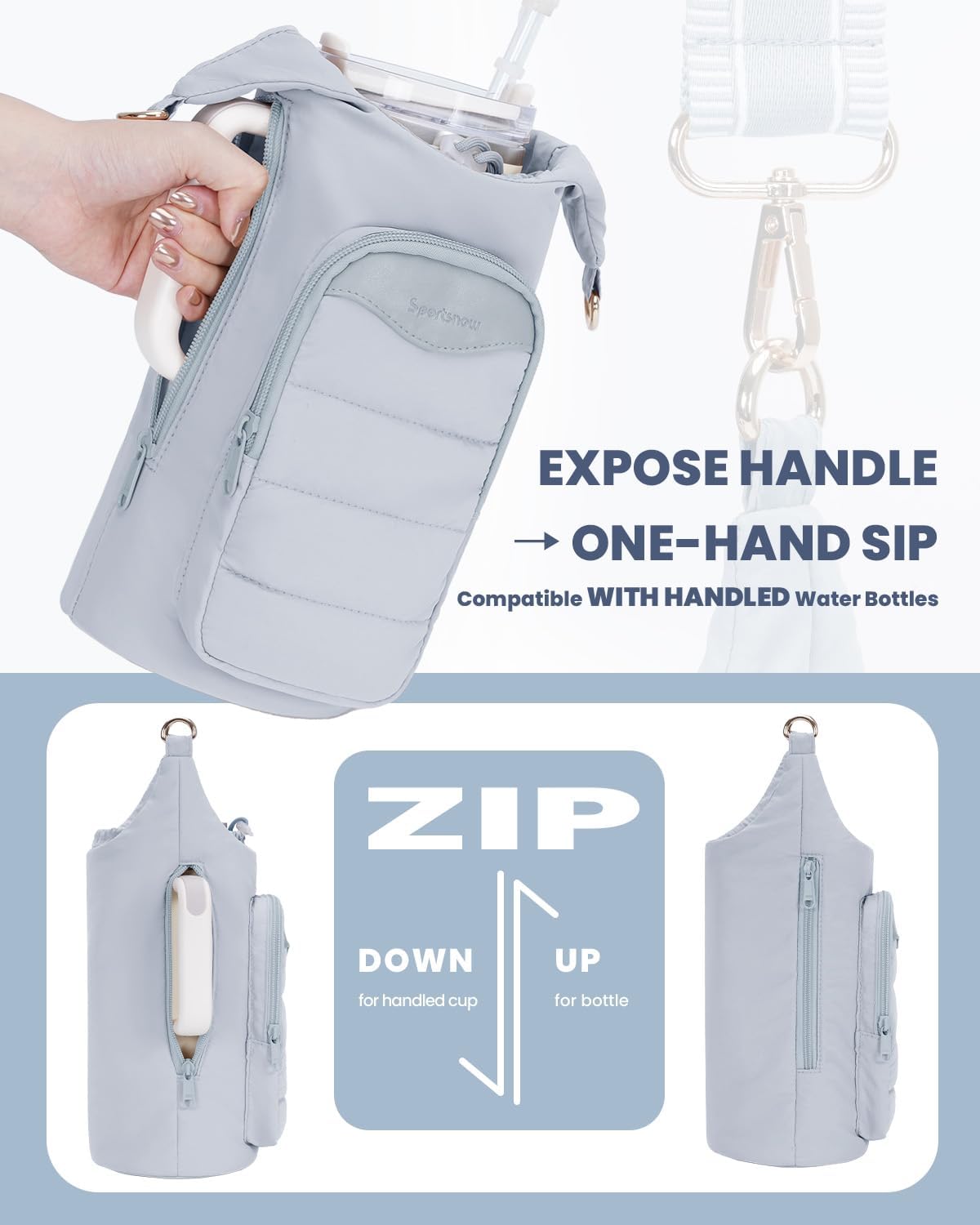 sportsnew Water Bottle Holder, Crossbody Insulated Cup Sleeve for 30oz/40oz Tumbler with Handle, Puffy Carrier Bag with Phone & RFID-Blocking Card Pocket & Drawstring Closure for Quick Access