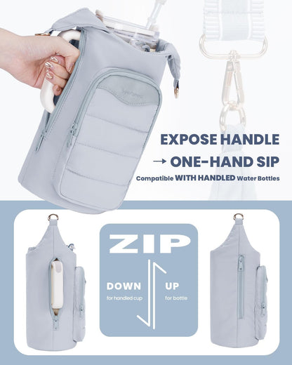 sportsnew Water Bottle Holder, Crossbody Insulated Cup Sleeve for 30oz/40oz Tumbler with Handle, Puffy Carrier Bag with Phone & RFID-Blocking Card Pocket & Drawstring Closure for Quick Access