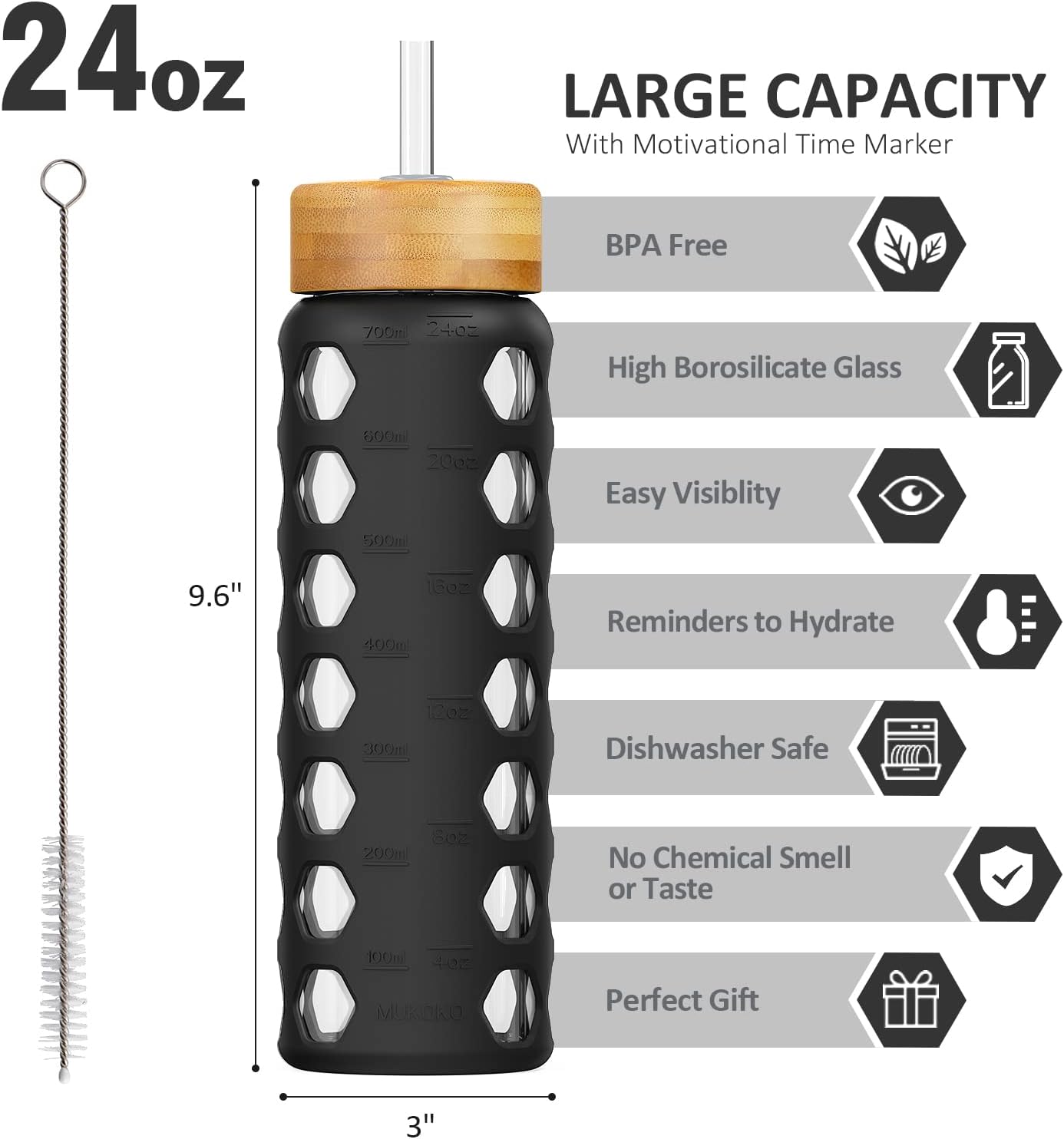 MUKOKO Glass Water Bottles, 32oz Glass Tumbler with Straw, Drinking Bottles with 2 Lids-Handle Spout Lid&Bamboo Straw Lid, Motivational Water Bottle with Time Marker and Silicone Sleeve, 1 Pack-Olive