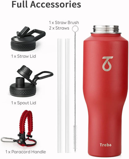 Trebo 40 oz Water Bottle Insulated Fit Car Cup Holder with Handle, Stainless Steel Water Bottles Tumbler with Spout Straw Lids, Double Wall Travel Reusable Flask, Leakproof Mug,Keep Cold &Hot,Black