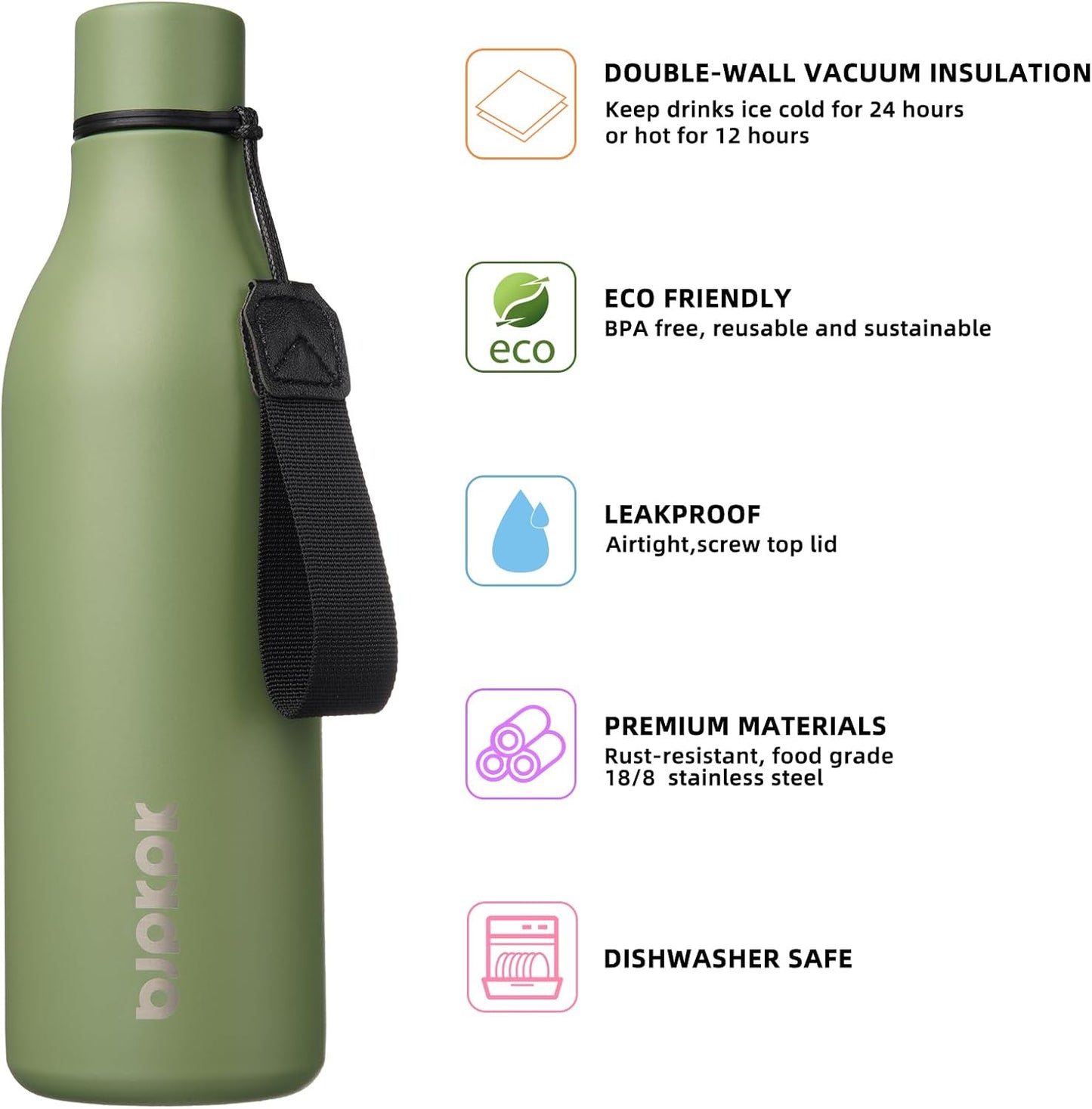 BJPKPK Insulated Water Bottles, 18 oz Stainless Steel Metal Water Bottle with Strap, BPA Free Leak Proof Jugs, Mugs, Flasks, Reusable Thermal Flasks for Sports & Travel, Black - Colors A