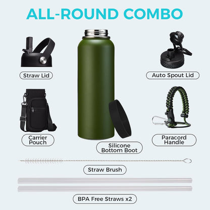 32/40/64OZ Insulated Water Bottle - Keep Cold 48H Hot 24H, Combo Straw/Spout Lids, Paracord Handle for Gym/Hiking, Carrier Bag +Strap, Cup Mat, BPA-Free Stainless Steel Flask Jug