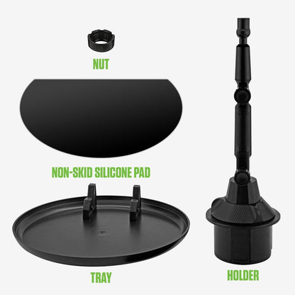 Cellet Cup Holder Tray for Car with Phone Mount – Expandable Base, 360° Rotation Food & Drink Tray with Non-Slip Surface, Adjustable Arm for Eating in Vehicle – Fits Most Standard Car Cup Holders