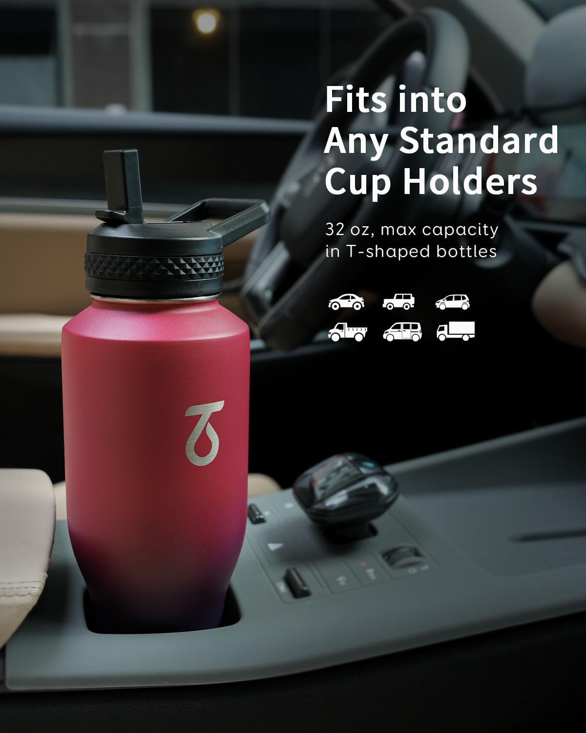 Trebo 40 oz Water Bottle Insulated Fit Car Cup Holder with Handle, Stainless Steel Water Bottles Tumbler with Spout Straw Lids, Double Wall Travel Reusable Flask, Leakproof Mug,Keep Cold &Hot,Black