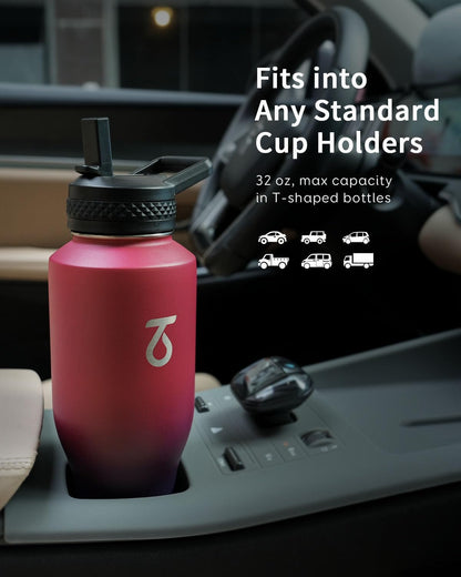 Trebo 40 oz Water Bottle Insulated Fit Car Cup Holder with Handle, Stainless Steel Water Bottles Tumbler with Spout Straw Lids, Double Wall Travel Reusable Flask, Leakproof Mug,Keep Cold &Hot,Black