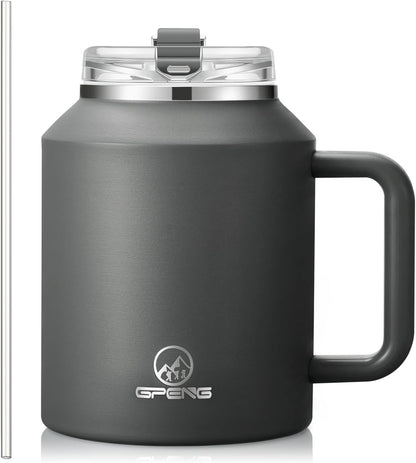Gpeng 30/40/50 oz Tumbler with Handle, Water Bottles with Straw Lid, Insulated Stainless Steel Travel Mug Cup Holder Friendly, Keep Drinks Cold or Hot for Hours (LightGrey, 50 oz)