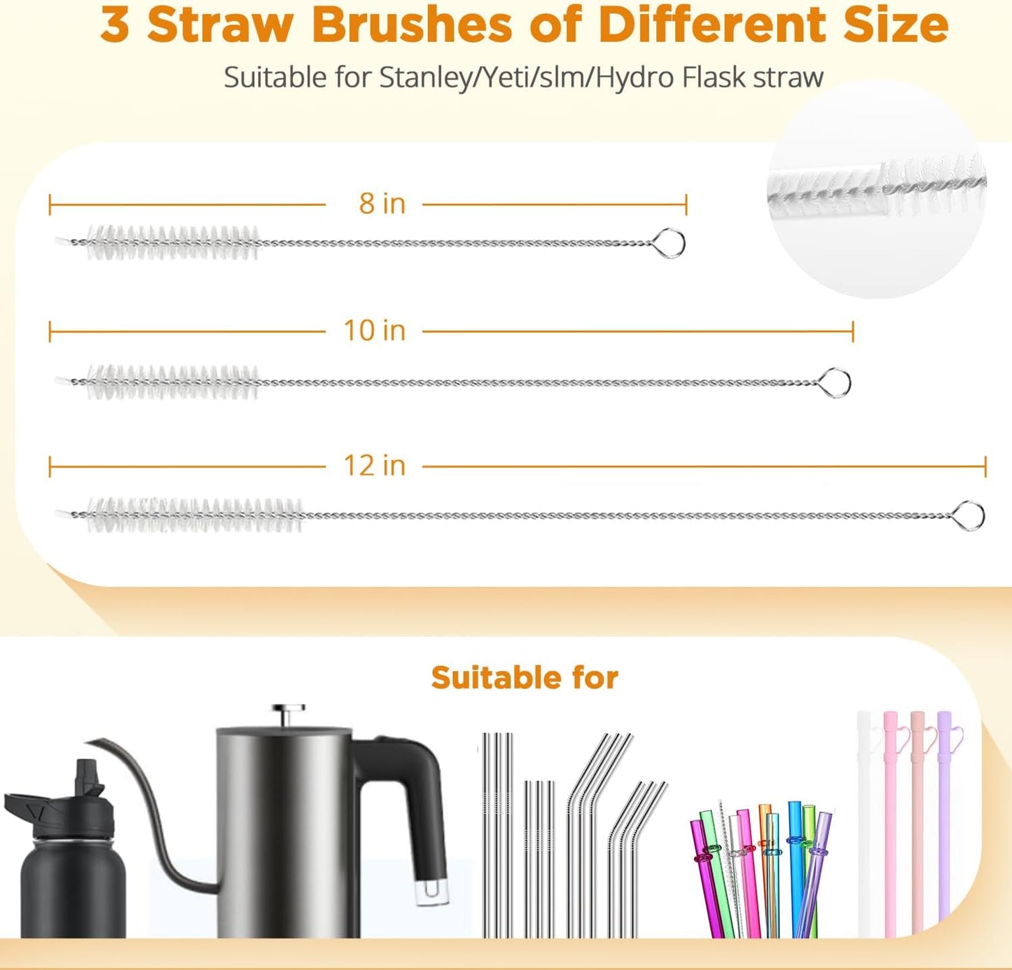 OUTXE 5 Pack Bottle Brush Set, 5-in-1 Water Bottle Cleaner Brush, 15"" Long Handle Bottle Cleaning Brush, 3 Straw Brush, Removable Nipple Brush, Detail Brush for Cup Lid Gap, WBBSBLB5