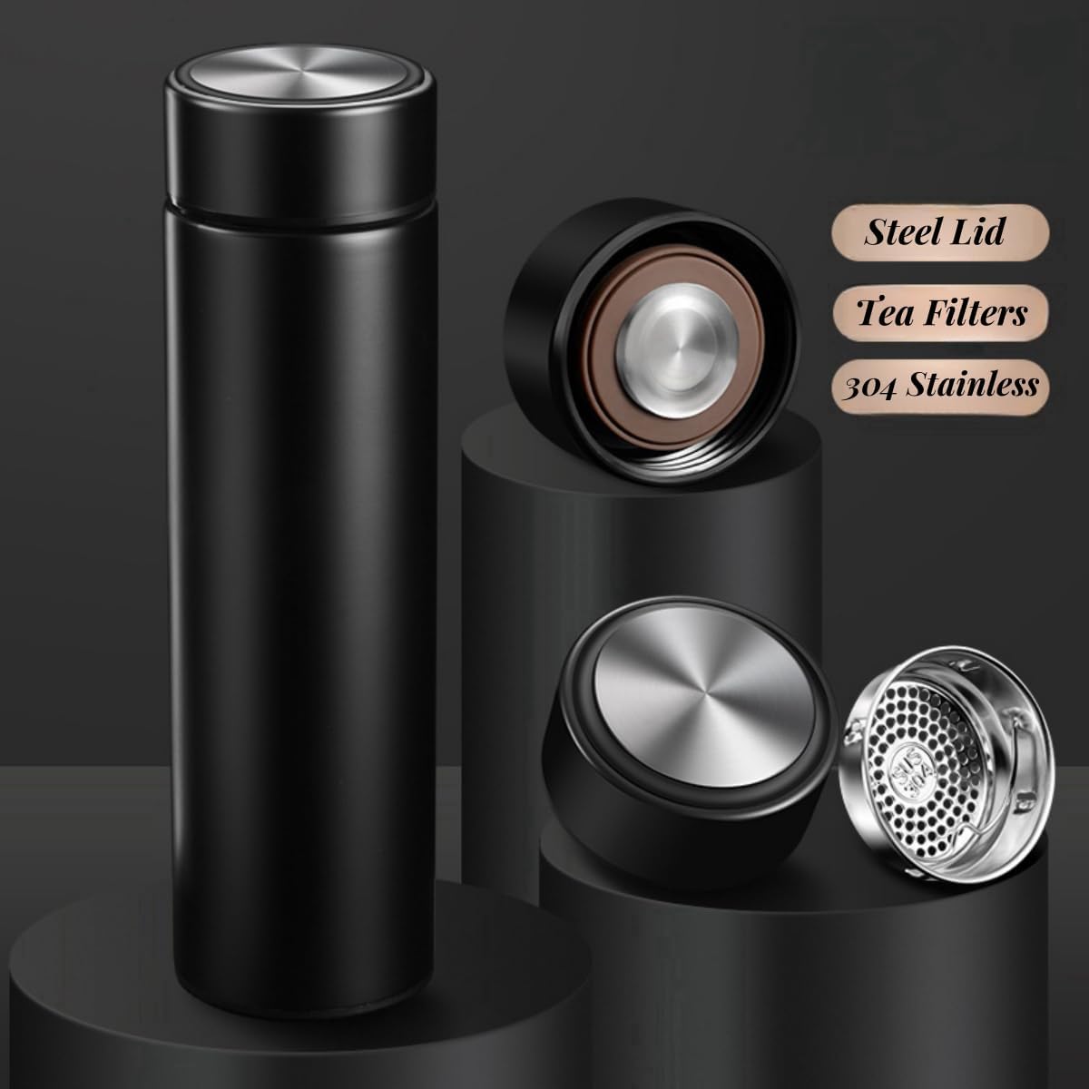 Insulated Water Bottles- Vacuum Tumbler for Coffee, Tea and Drinks with Stainless Steel Infuser - 15 oz Tea Thermo Travel Bottle/Keeps Drinks Hot or Cold for Hours/Gift Packing (Silver)