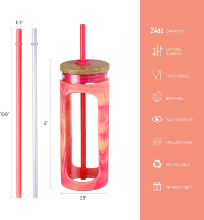 Kodrine 20oz Glass Water Tumbler with Straw and Lid, Bamboo Lids Water Bottle, Iced Coffee Cup Reusable, Wide Mouth Smoothie Cups with Protective Silicone Sleeve BPA FREE-Black - Colors A