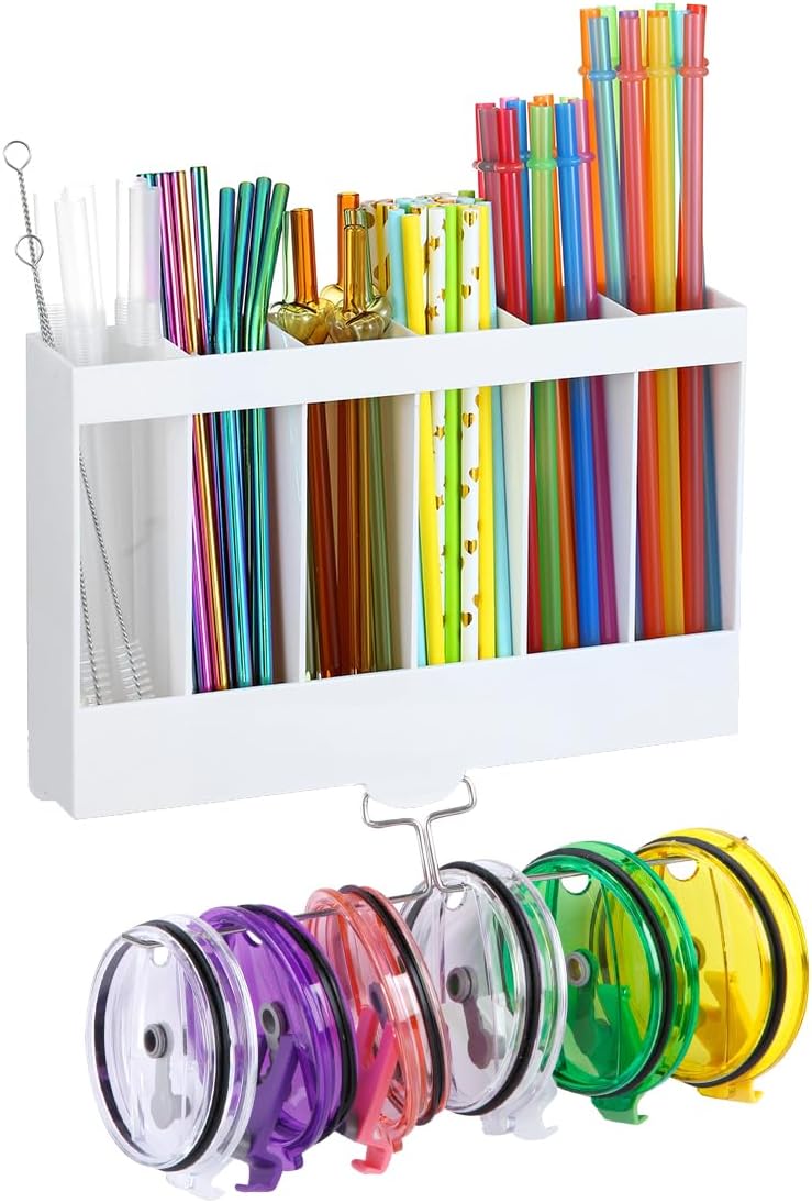 10''Acrylic Straw Holder for Cabinet Door with Tumbler Straw Organizer,Large Straw Storage with Washable Sticky Reusable Cup Lid Holder,Water Bottle Accessories Organizer for Kitchen(Clear)
