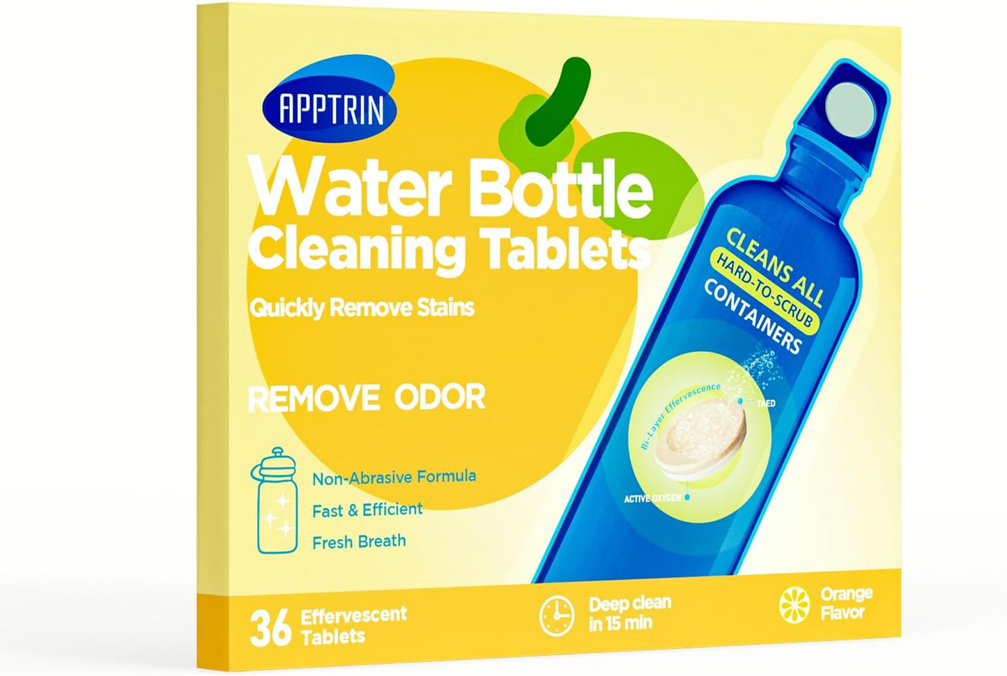 Water Bottle Cleaning Tablets, 36 Pack Bottle Clean Tablet Hydration Bladder Cleansing Tablets,Individually Packed, Orange Flavor