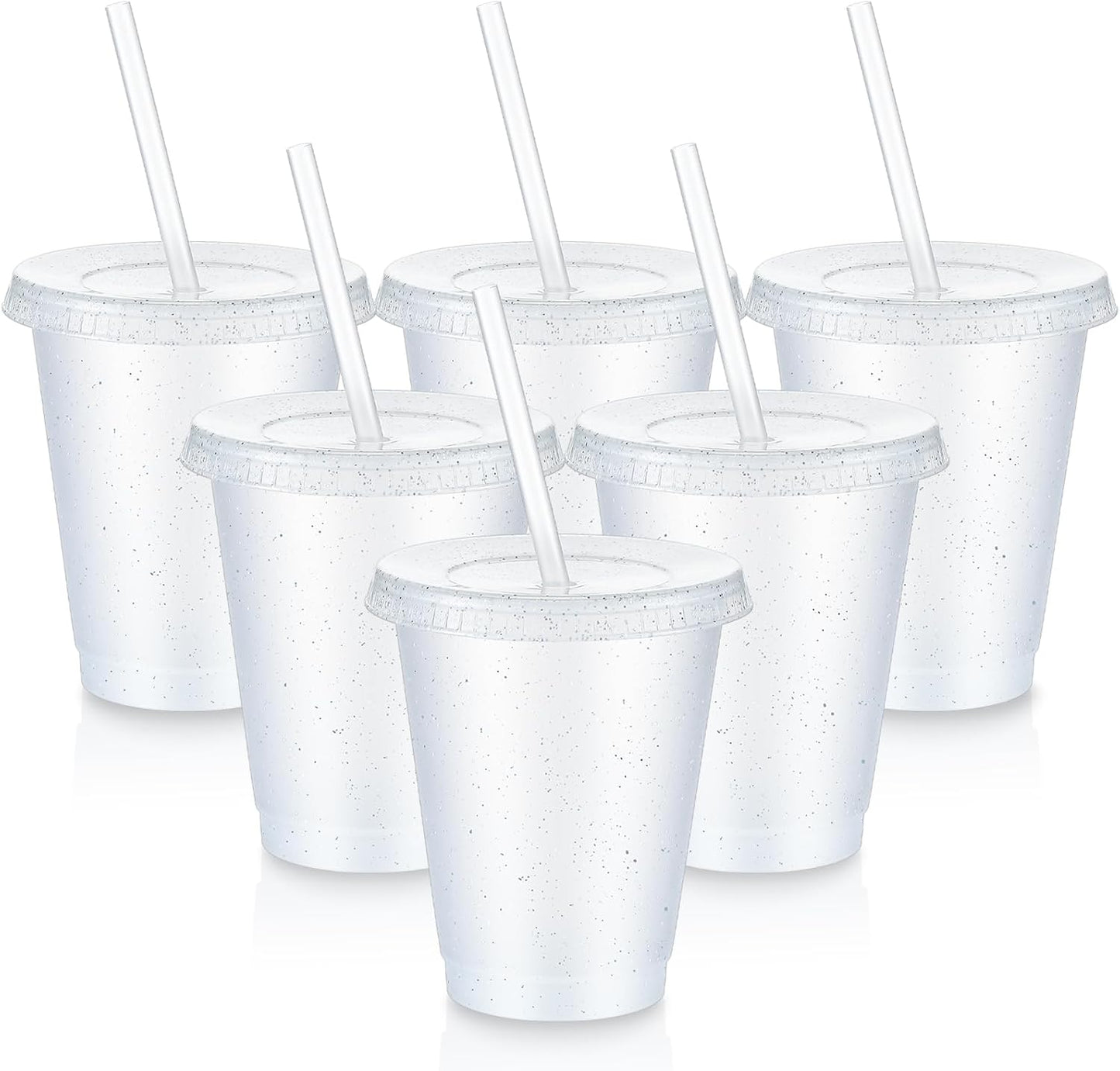 Uiifan 6 Pcs 24 oz Reusable Tumbler with Lids and Straws Plastic Iced Coffee Tumbler Glitter Travel Mug Cup for Smoothie Juices Birthday Party Cold Drink Coffee Cup Bulk for Adult Kid Women (Clear)