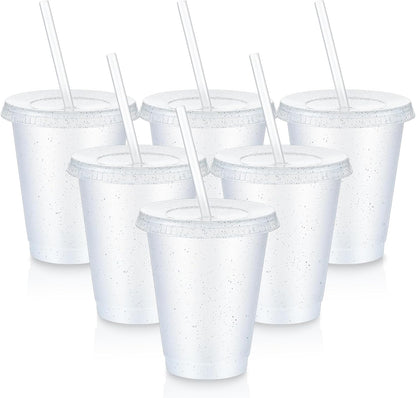Uiifan 6 Pcs 24 oz Reusable Tumbler with Lids and Straws Plastic Iced Coffee Tumbler Glitter Travel Mug Cup for Smoothie Juices Birthday Party Cold Drink Coffee Cup Bulk for Adult Kid Women (Clear)