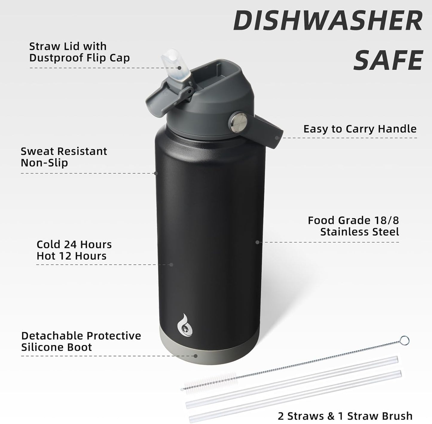 BJPKPK Insulated Water Bottle with Straw Lid, 18oz Thermo Water Bottles with Soft Nozzle, Flex Handle & Non-slip Boot, BPA Free Leak Proof Stainless Steel Metal Thermo, Tumblers, Cups,Sea Salt