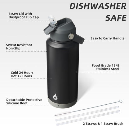 BJPKPK Insulated Water Bottle with Straw Lid, 18oz Thermo Water Bottles with Soft Nozzle, Flex Handle & Non-slip Boot, BPA Free Leak Proof Stainless Steel Metal Thermo, Tumblers, Cups,Sea Salt