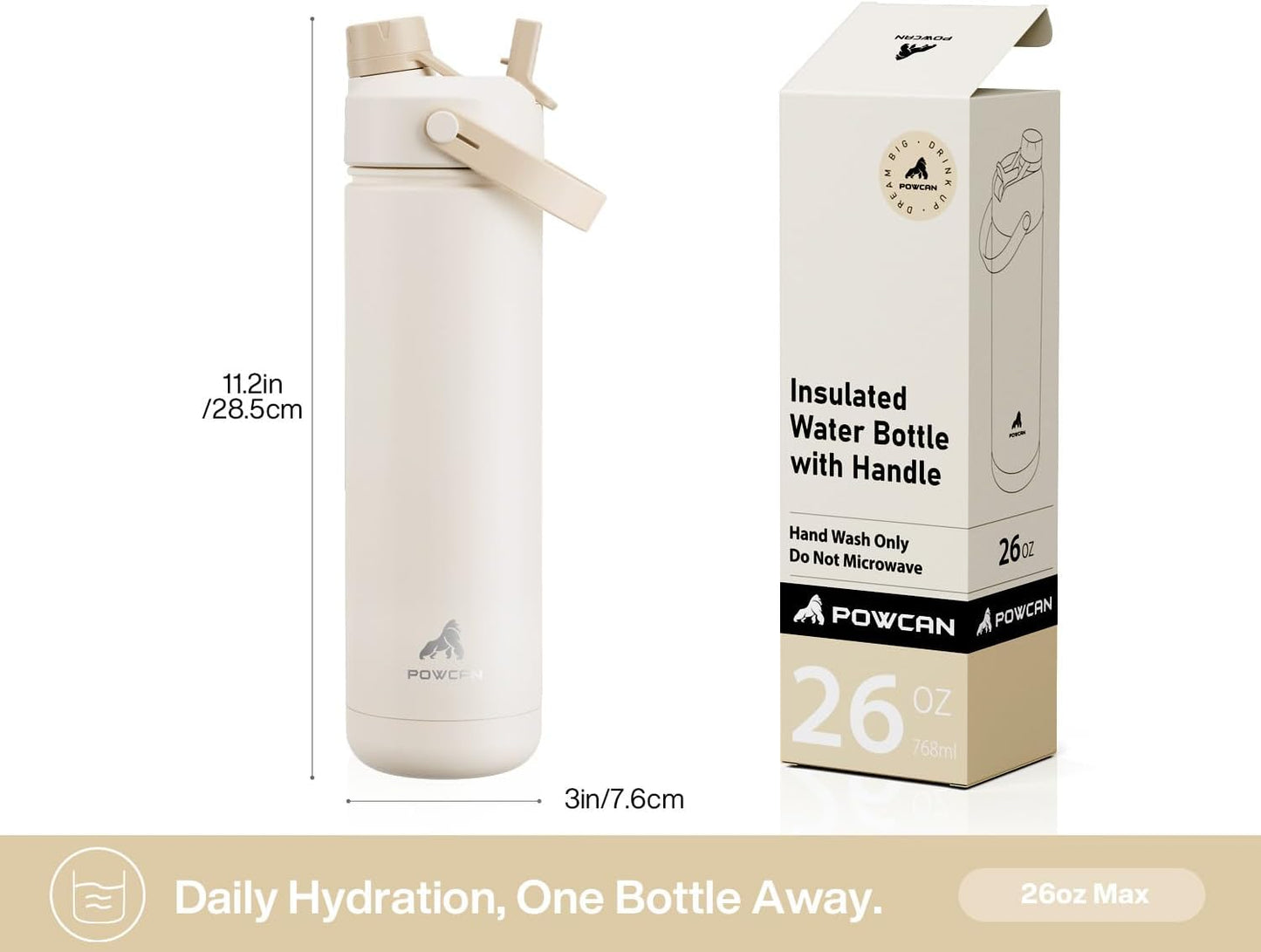 POWCAN 26 oz Insulated Water Bottle with 2-in-1 Straw and Spout Lid, Keep Cold 24H, Leak-Proof, Fits in Car Cup Holder, Stainless Steel Water Bottle for Sports, Travel, and School (Mint)