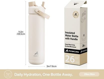 POWCAN 26 oz Insulated Water Bottle with 2-in-1 Straw and Spout Lid, Keep Cold 24H, Leak-Proof, Fits in Car Cup Holder, Stainless Steel Water Bottle for Sports, Travel, and School (Mint)