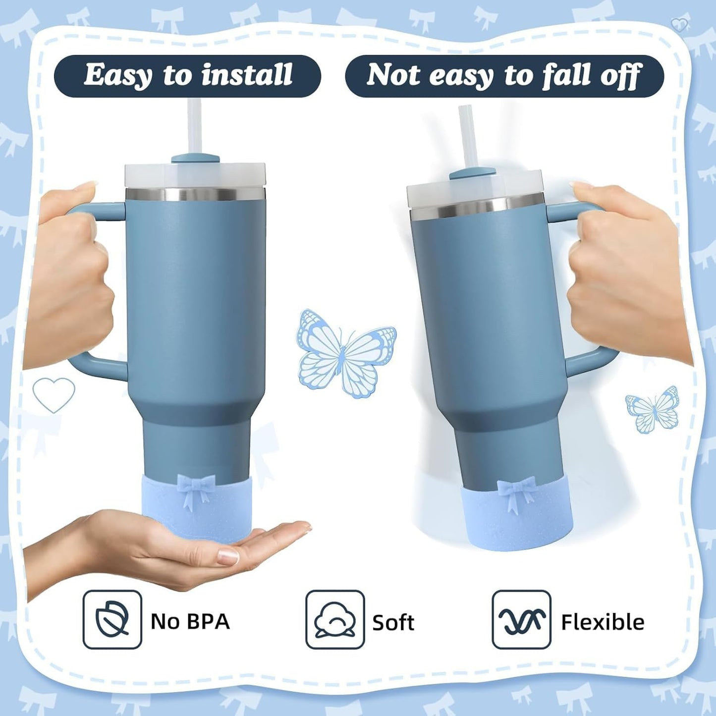 2PCS Bow Silicone Boot for Stanley Quencher Tumbler 30oz 40oz & IceFlow 20oz 30oz& Hydro Flask Water Bottle 12-24 oz Protective Bottom Sleeve Cover for Stanley Cup Accessories& Owala 24oz