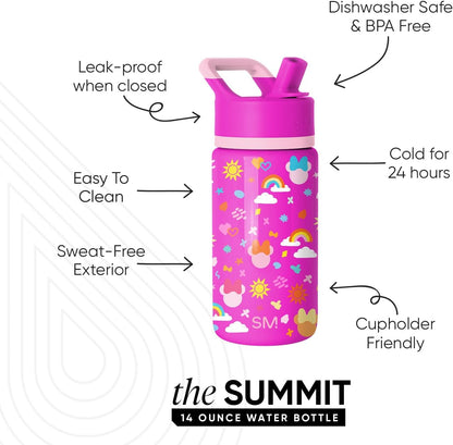Simple Modern Disney Minnie Mouse Kids Water Bottle with Straw Lid | 14oz Insulated Stainless Steel Kids Tumbler & Spill Proof Toddler Cup for School, Girls, Boys | Summit | Minnie Mouse Fun - Colors B