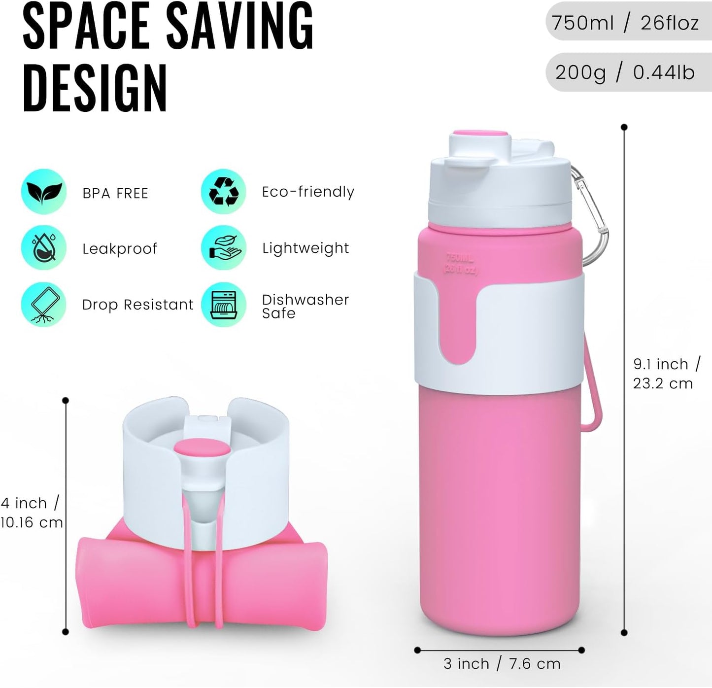 Nefeeko Collapsible Water Bottle, BPA Free 26oz Foldable Water Bottle for Travel Sports, Leak-Proof Spill-Proof Portable Water Bottles with Carabiner, Lightweight