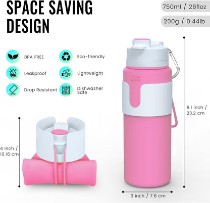 Nefeeko Collapsible Water Bottle, BPA Free 26oz Foldable Water Bottle for Travel Sports, Leak-Proof Spill-Proof Portable Water Bottles with Carabiner, Lightweight