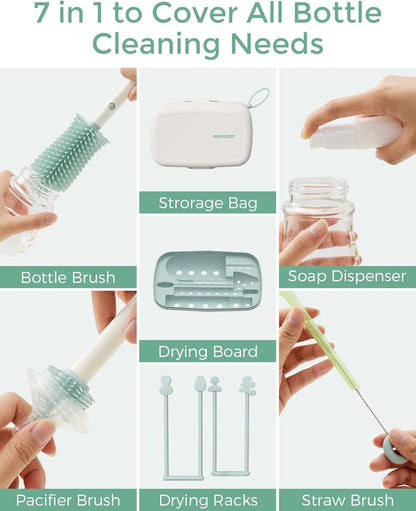 Momcozy Bottle Brush Kit with Push-Press Foam Design - Newborn Essentials Gift, Portable Cleaning Tool for Home & Travel, Baby Bottle Cleaner Brush for Breast Pumps & Nipples, Green