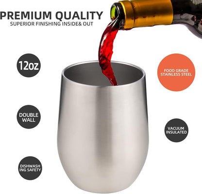 12 oz Insulated Wine Tumbler with Lid and Straw,Stainless Steel Stemless Wine Tumbler Glasses Double Wall Vacuum Wine Cups Tumbler for Coffee,Champaign,Cocktail,Office（Silver,1）