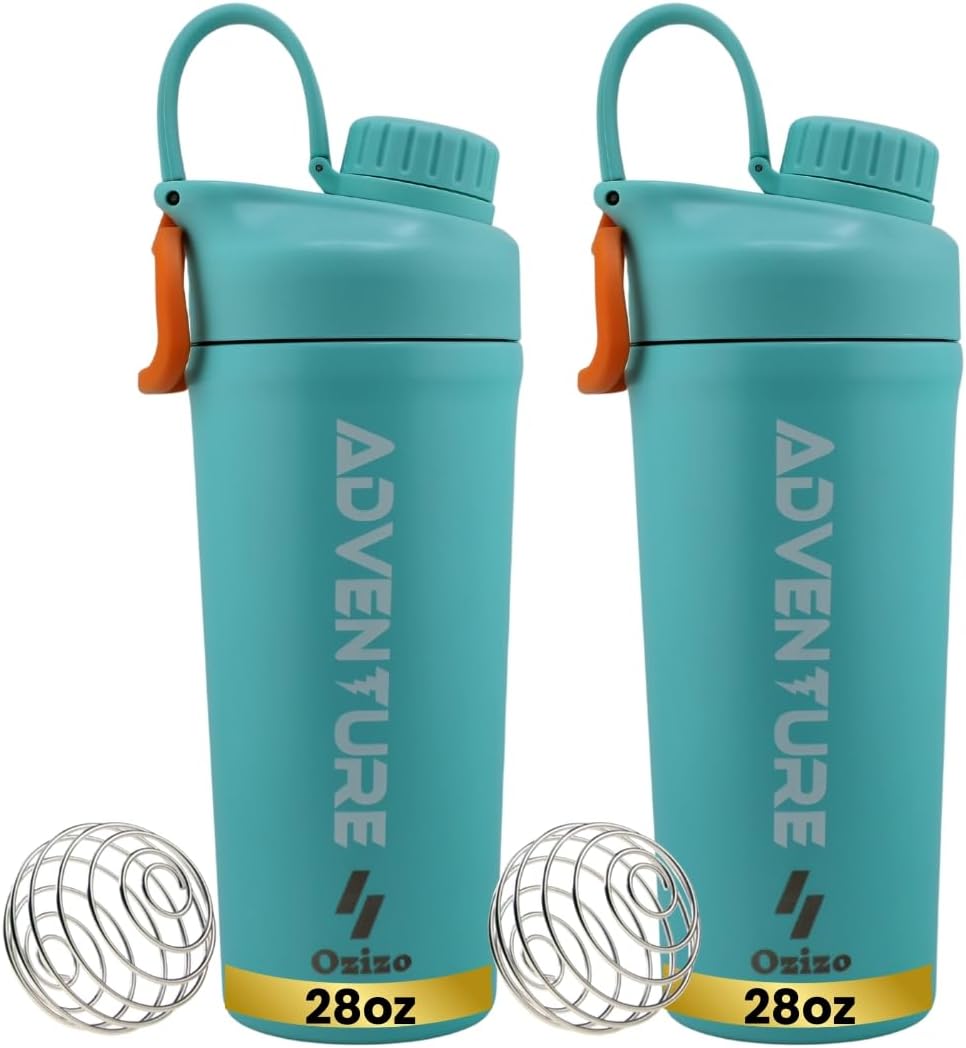 Ozizo 2 Pack Stainless Steel Insulated Protein Shaker Bottle, 20oz Leak Proof Shaker Cup with Wire Whisk Ball for Protein Mixes, Hot & Cold Drinks, Gym & Fitness (Blue + Blue)