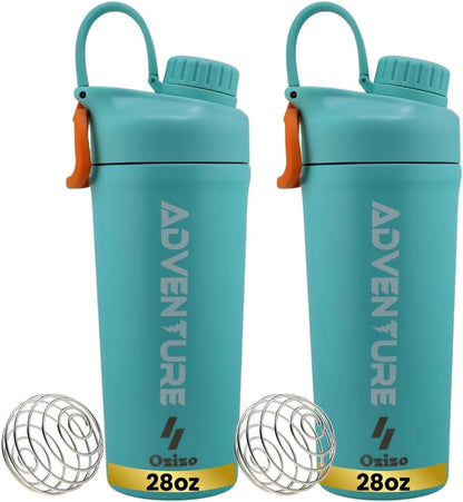 Ozizo 2 Pack Stainless Steel Insulated Protein Shaker Bottle, 20oz Leak Proof Shaker Cup with Wire Whisk Ball for Protein Mixes, Hot & Cold Drinks, Gym & Fitness (Blue + Blue)