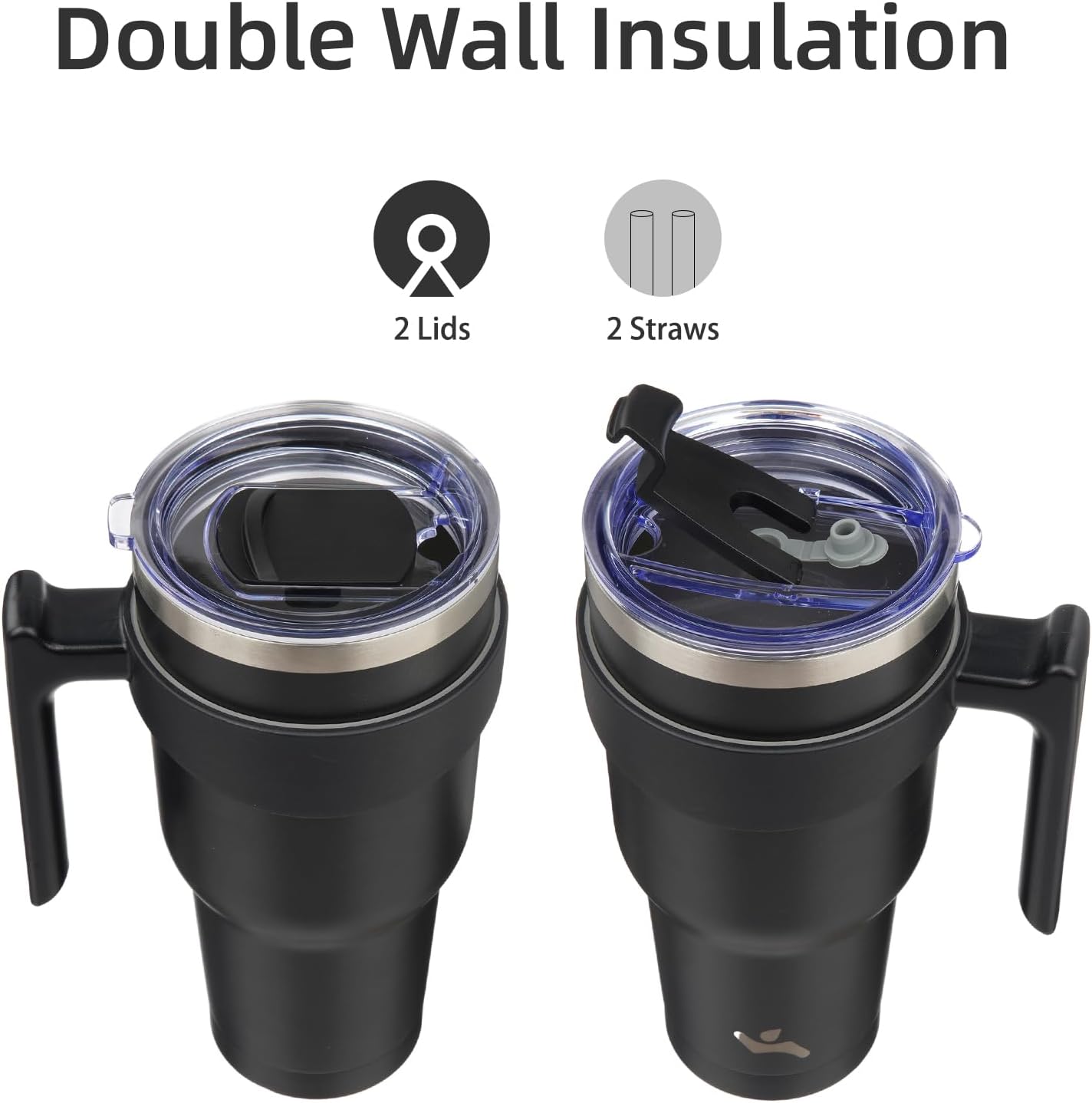 Konokyo 20 oz Tumbler with Handle and 2 Straw 2 Lid, Insulated Water Bottle Stainless Steel Vacuum Cup Reusable Travel Mug,Black