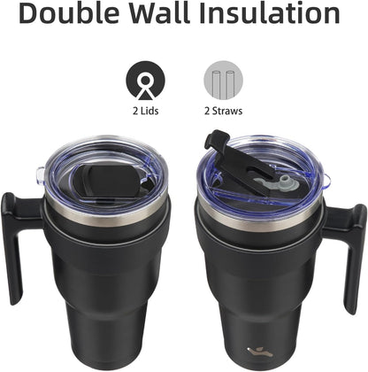 Konokyo 20 oz Tumbler with Handle and 2 Straw 2 Lid, Insulated Water Bottle Stainless Steel Vacuum Cup Reusable Travel Mug,Black