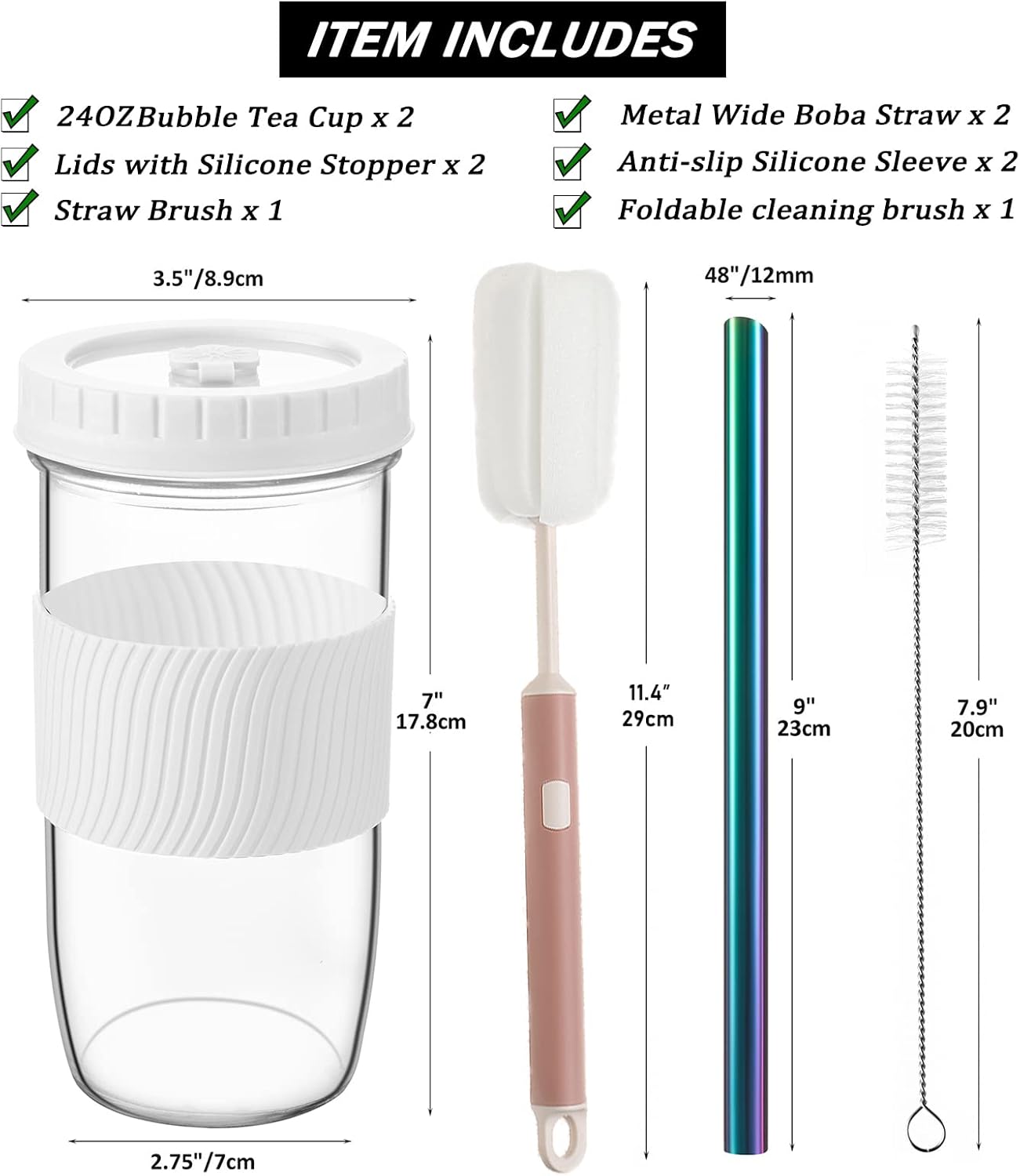Amyoole 2 Pack Reusable Boba Cup, 24Oz Wide Mouth Smoothie Cup,mason Jar Glass Cups with Lids and Straws,Bubble/Boba Tea Cups,Ice Coffee Tumbler 2 colored straws 1 sponge brush(Pink)