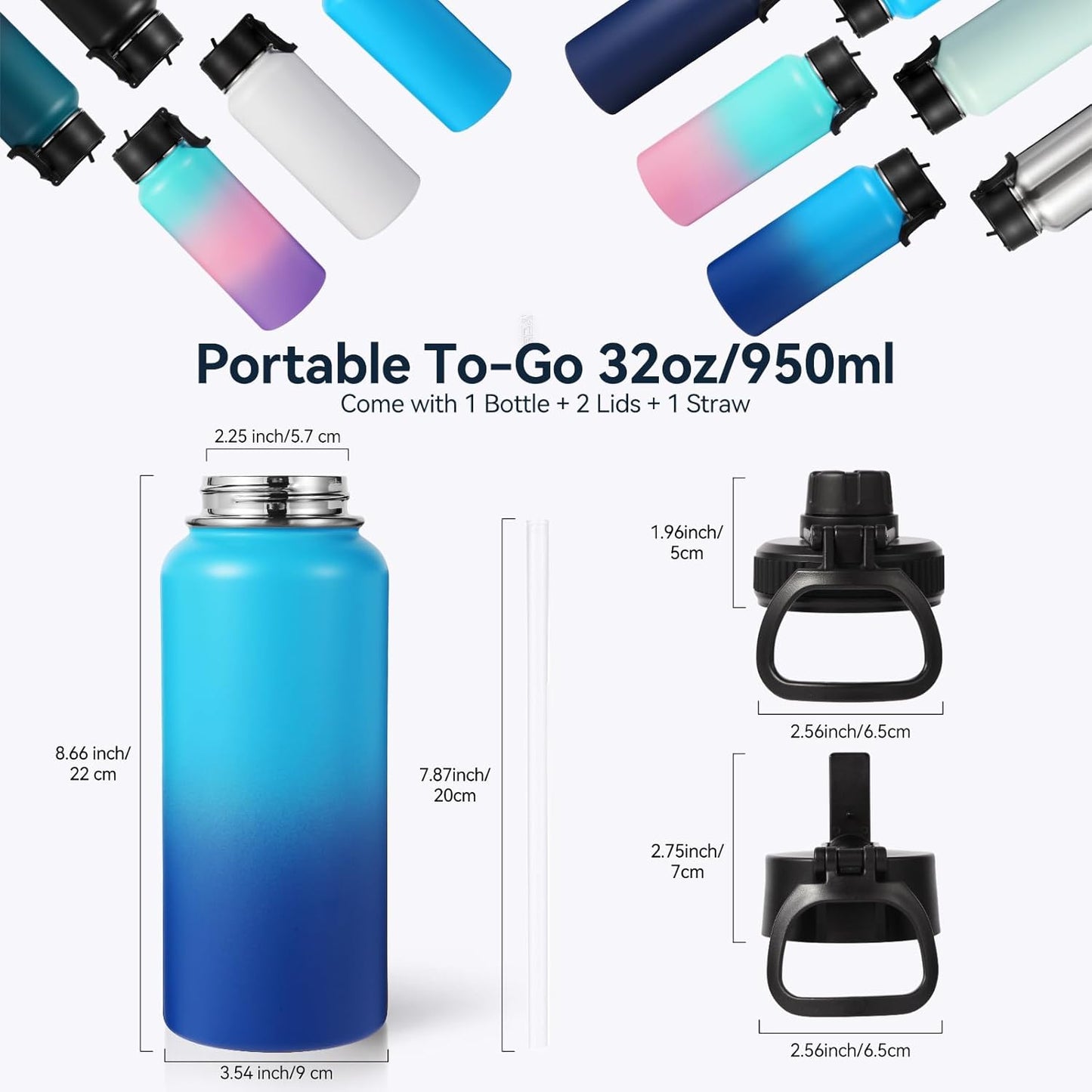 Neihepal 32 oz Insulated Water Bottle with 2 Lids (Straw & Spout Lid), 18/8 Stainless Steel Double Wall Water Bottles for Gym, Travel, Camping, Sports (Silver,1 Pack)