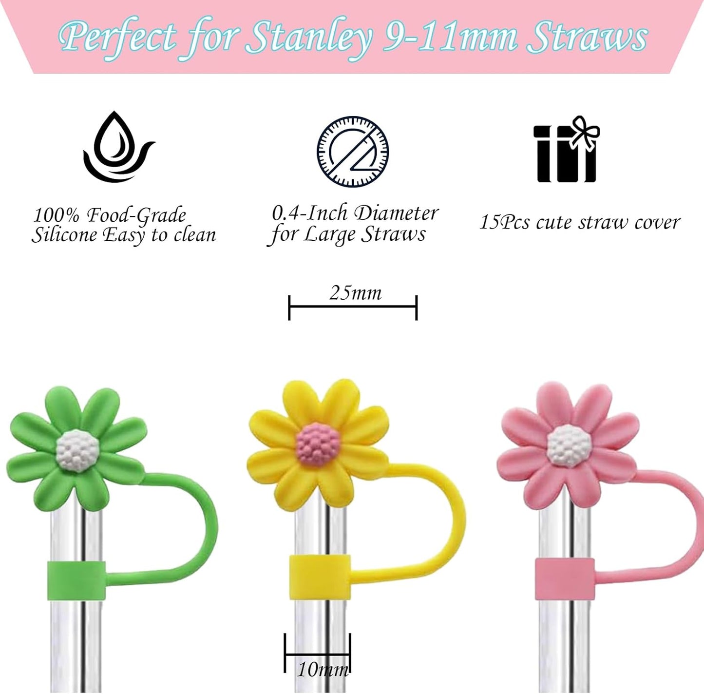 15Pcs Straw Toppers for Stanley Cup, Silicone 10mm Straw Cover Cap for Stanley 30 40oz Tumblers, Reusable Lid Accessories