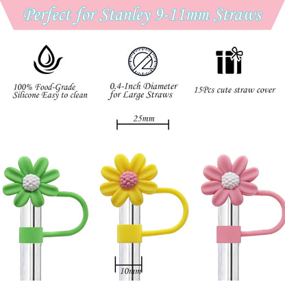 15Pcs Straw Toppers for Stanley Cup, Silicone 10mm Straw Cover Cap for Stanley 30 40oz Tumblers, Reusable Lid Accessories
