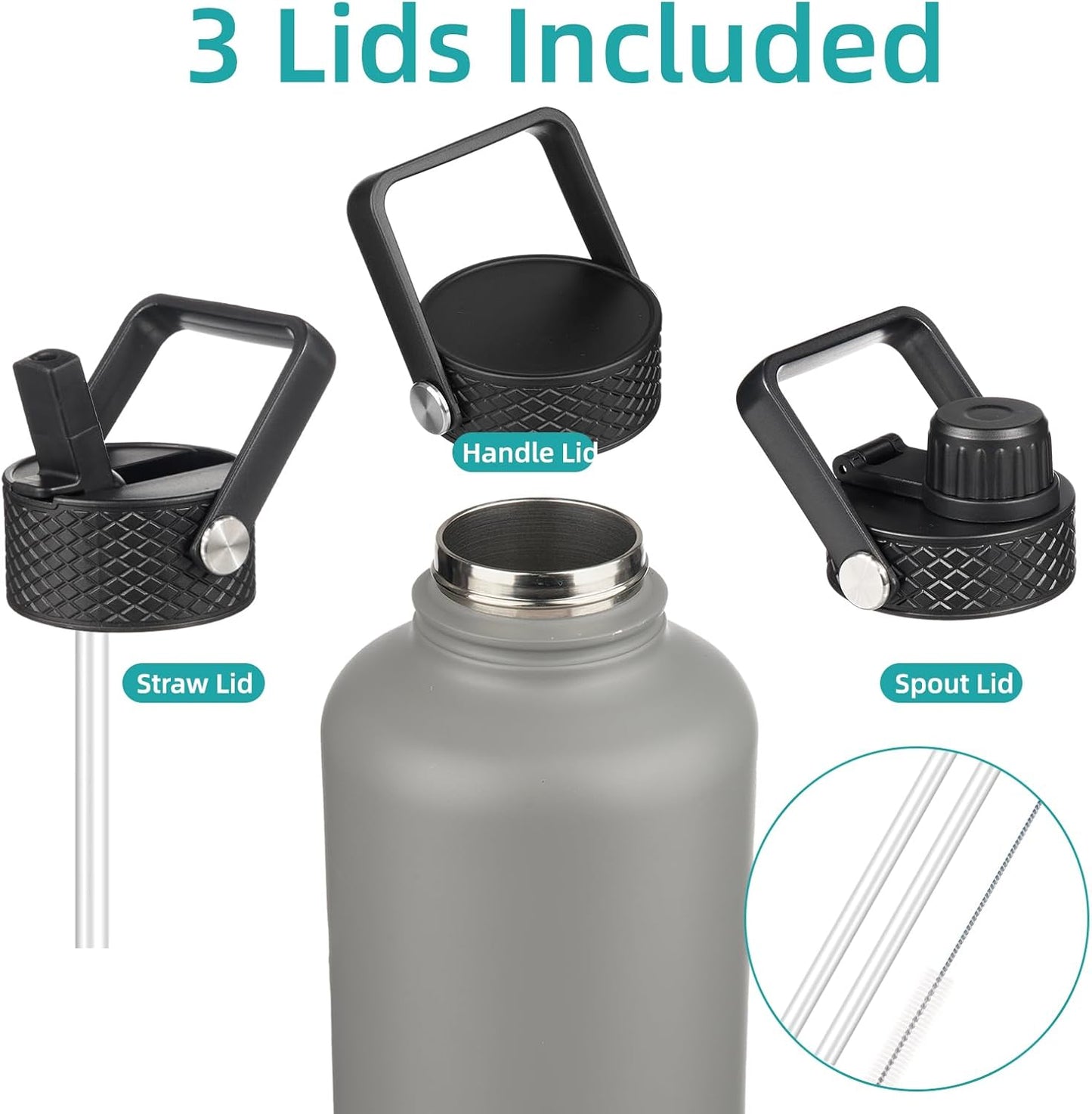 Konokyo 22oz Stainless Steel Bottles with 3 Lids Sport Insulated Water Bottle,Mint