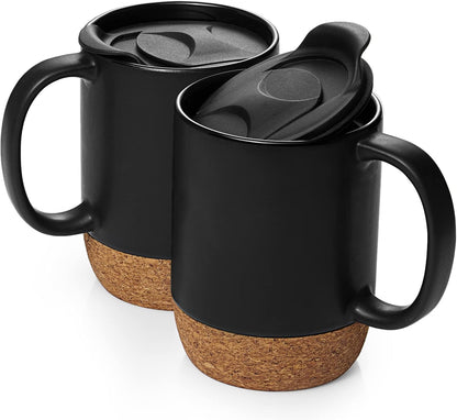 DOWAN Coffee Mugs, 15 oz Mug Set of 2, Large Ceramic Coffee Mug with Cork Bottom and Spill Proof Lid for Mom Dad, Big Mug for Latte Tea, Matte Grey