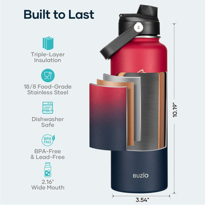BUZIO 40oz Insulated Water Bottle, Triple Wall Vacuum Stainless Steel Water Flask with 2 lids, Lead-Free BPA-Free Straw Lid Sports Canteen Jug, Cold 48H & Hot 24H- Black - Colors B