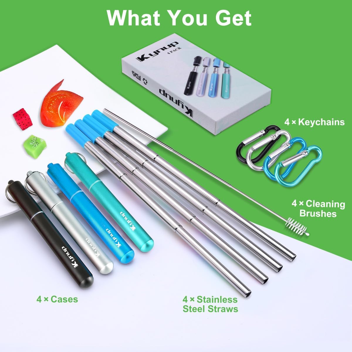 Kynup 4Packs Reusable Straws, Metal Straw with Silicon, Travel Drinking Straws with Case, Keychain, Cleaning Brushes, Silicon Pcs Perfect for Travel, Gifts (20 PCS) Blue-Black-Silver-Turquoise