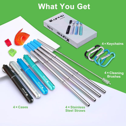 Kynup 4Packs Reusable Straws, Metal Straw with Silicon, Travel Drinking Straws with Case, Keychain, Cleaning Brushes, Silicon Pcs Perfect for Travel, Gifts (20 PCS) Blue-Black-Silver-Turquoise