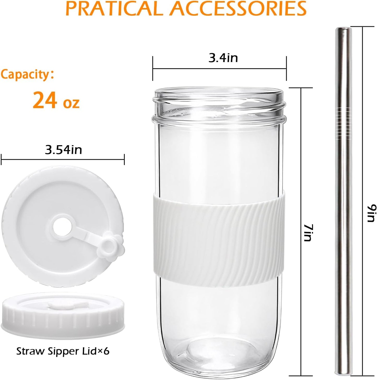 Mapoxy 6 Pack 24oz Mason Jar Cups with Lids and Straws, White Boba Cups Set, Glass Drinking Jars for Bubble Tea, Smoothie, Iced Coffee, Complete with Sleeves, Dishwasher Safe Reusable Tumbler