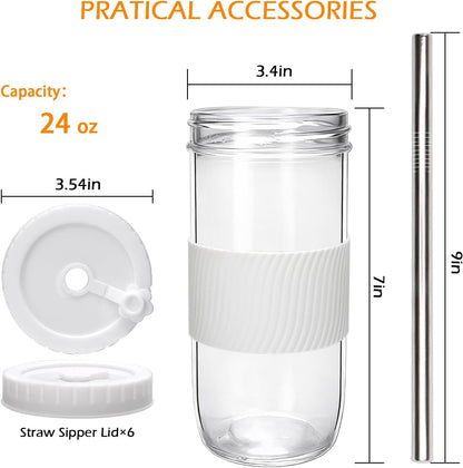 Mapoxy 6 Pack 24oz Mason Jar Cups with Lids and Straws, White Boba Cups Set, Glass Drinking Jars for Bubble Tea, Smoothie, Iced Coffee, Complete with Sleeves, Dishwasher Safe Reusable Tumbler