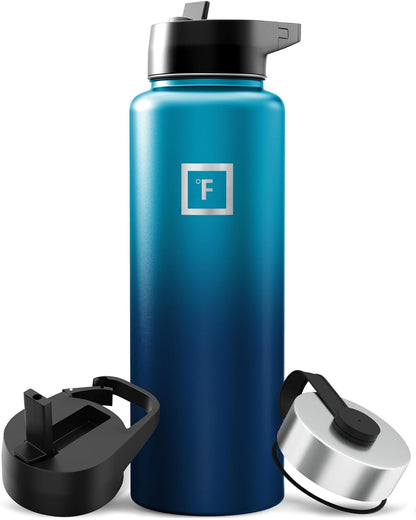 IRON °FLASK Camping & Hiking Hydration Flask with Straw, Wide Mouth Insulated Stainless Steel Sports Water Bottle - 40 oz Midnight Black