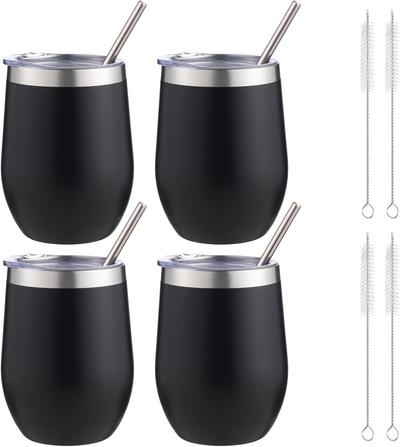 12 oz Insulated Wine Tumbler with Lid and Straw,Stainless Steel Stemless Wine Tumbler Glasses Double Wall Vacuum Wine Cups Tumbler for Coffee,Champaign,Cocktail,Office（Silver,1）